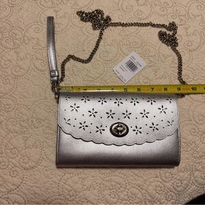 Coach Silver Floral Cutout chain /wallet clutch Women's Bag nwt super cute